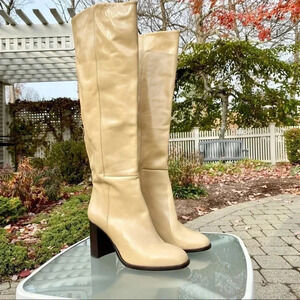 New Free People Grayson Tall Boots Leather Heeled Knee High Beige Cream